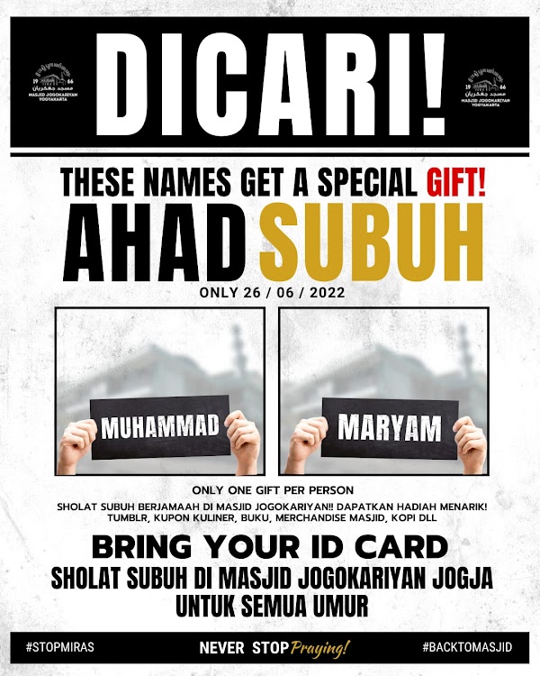 Dicari! Orang Bernama Muhammad dan Maryam Dapat Special Gift dari Masjid Jogokaryan