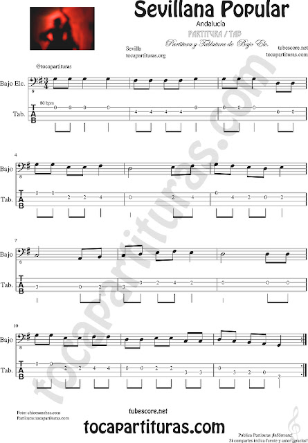 Sevillana Popular Tablatura y Partitura del Punteo de Bao Eléctrico para principiantes con Acordes Tablature and Easy Sheet Music for Electric Bass Tab Begginners 