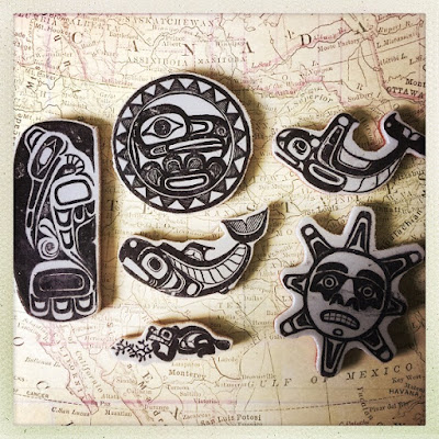 Photo of multiple Haida Tribals Stamps, the Raven, Sun, Beaver,  & Killer Whale, 