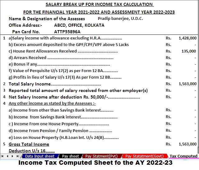 Income Tax Computed Sheet