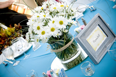 Beach Wedding Daisy Centerpiece in glass vase with rafia