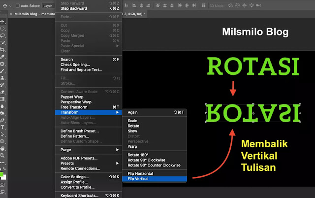 Cara memutar tulisan, merotasi tulisan di photoshop, membalik tulisan dengan flip horisontal dan flip vertikal, tulisan terbalik vertikal, membuat tulisan terbalik di photoshop