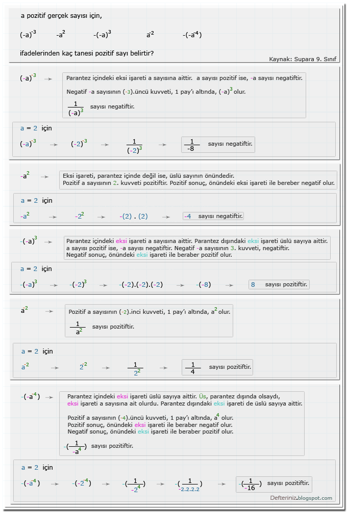 Örnek Soru - 8 » Eksi ve artı işaret ile pozitif ve negatif » üslü sayılar (Kaynak: Supara 9. Sınıf).