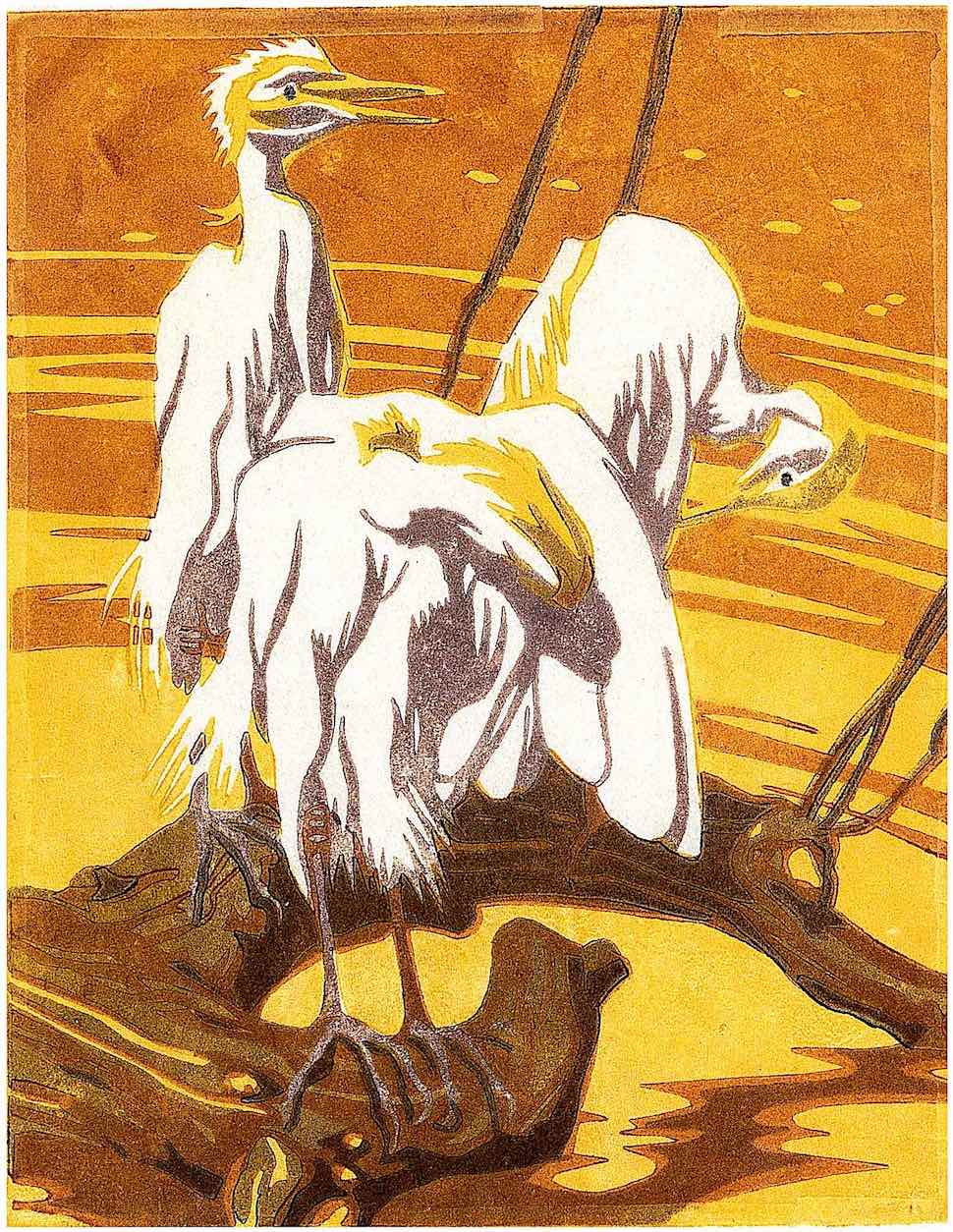 a Norbertine Bresslern-Roth illustration of large birds at water in yellow and orange