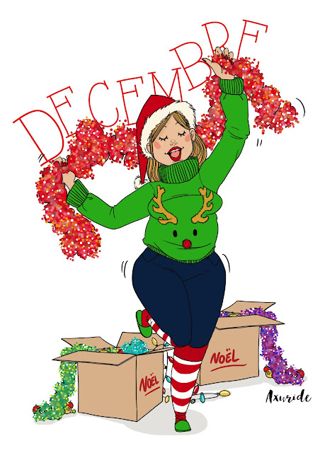 illustration sur le mois de décembre, une femme qui dance avec des guirlandes, elle prépare noël dans la joie et la bon humeur. habillée d'un pull de Noël renne, et des chaussette rouge et blanche.