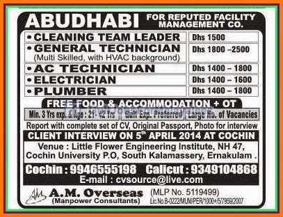 Abudhabi Job vacancies for Facility mgmnt co.