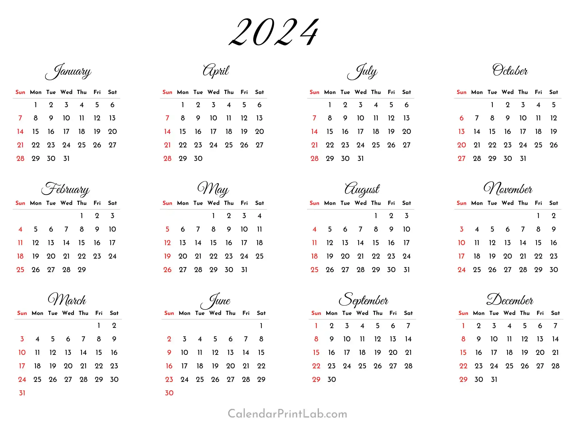 Minimalist 2024 Calendar Printable