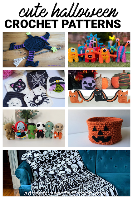 collage of cute halloween crochet projects