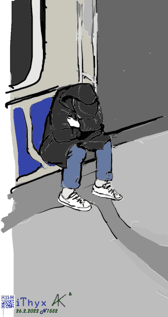 Молодой человек в черной куртке и джинсах, спящий на сиденье вагона метро, положив голову на колени, цветной рисунок на телефоне сделал художник Андрей Бондаренко @iThyx_AK