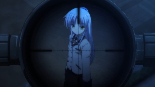 Looking through a sniper scope at a school girl at night