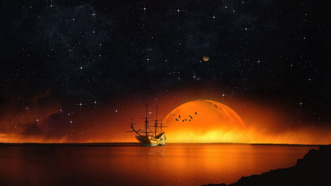 Wallpaper Ship Starry Sky Night