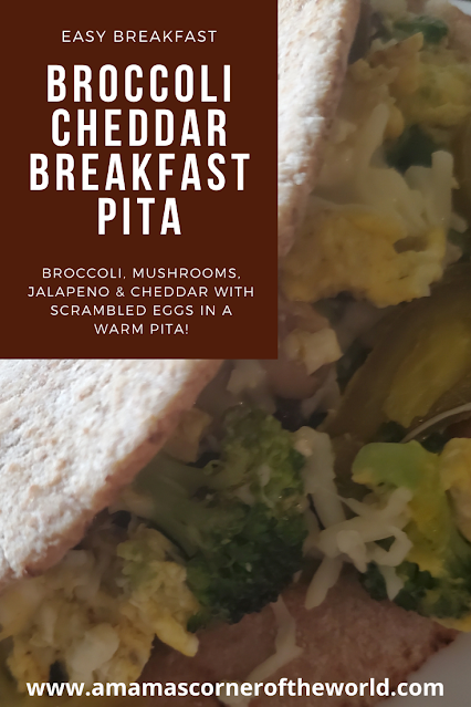 Save this recipe for a Broccoli Cheddar Breakfast Pita Sandwich