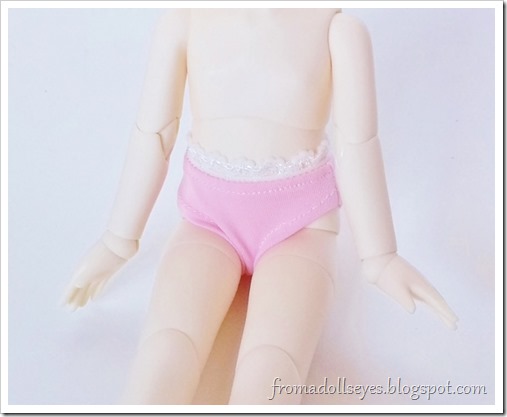 The close up ofthe Kids Sky bjd underwear.  They are cute, but possibly a little too girly for this bjd boy.  They are pink with lacey decorative elastic.