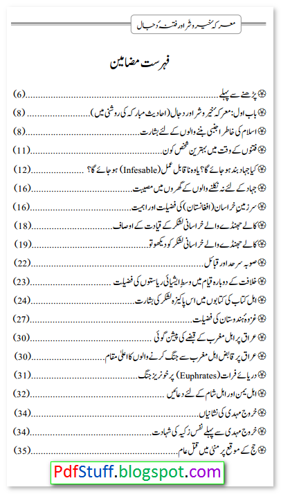 Contents of the Urdu book sample page of the Urdu book Marika Khair o Shar Aur Fitna e Dajjal