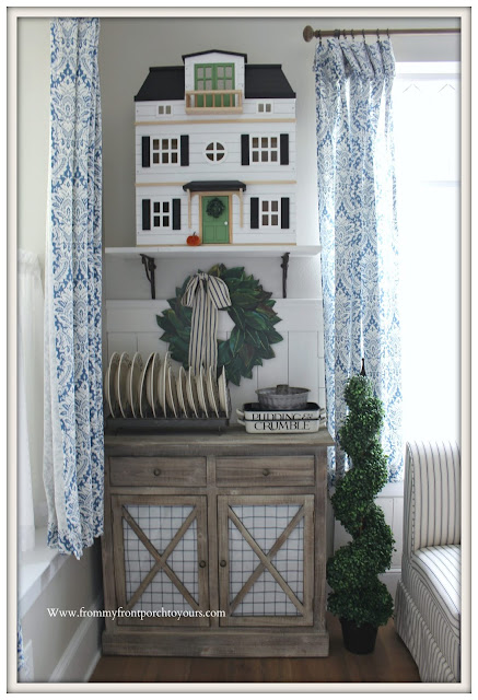 Breakfast -Nook- Makeover-Dollhouse-Cottage-Farmhouse-DIY-Wainscoting-Blue & White Decor-Emma Bridgewater-Magnolia Home-From My Front Porch To Yours