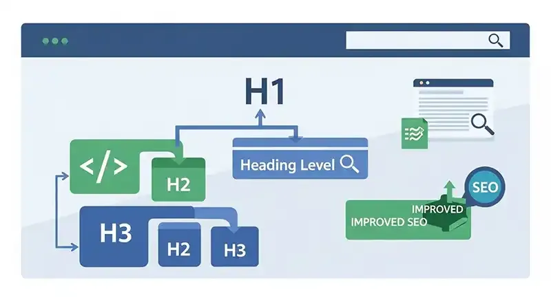 Visual hierarchy of H1, H2, and H3 headers on a webpage for SEO content structure