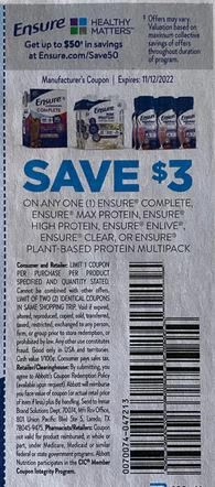 $3.00/1 EnsureComplete, Max Protein, High Protein, Enlive, Clear or Plant-Based Protein Multipack  Coupon from "SMARTSOURCE" insert week of 10/2/22