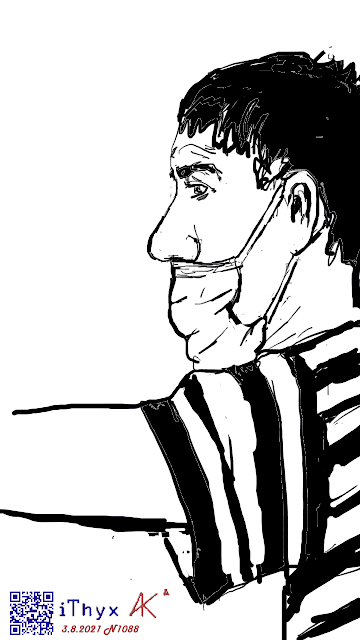 Черноволосый молодой человек азиатской внешности с короткой прической и маской под носом, рисунок художника Андрея Бондаренко
