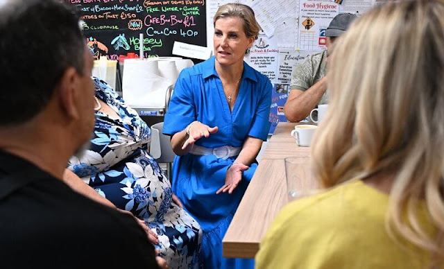 The Countess of Wessex wore a new supersoft cotton poplin tiered maxi dress by ME + EM, and a classic silk tea dress by Suzannah