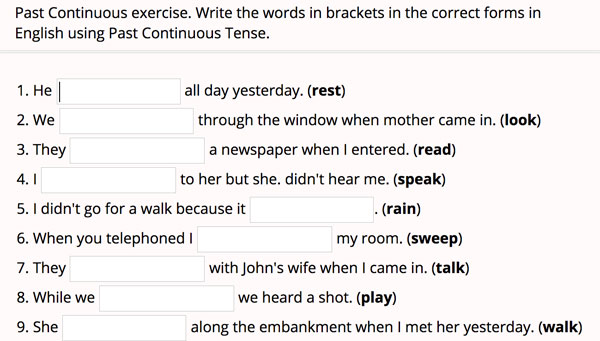 Ejercicios para completar las oraciones afirmativas y negativas del pasado continuo en inglés