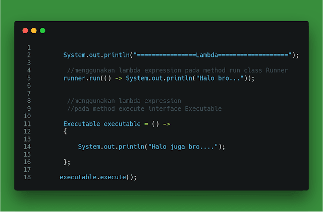 contoh baris code syntax penggunaan lambda expression functional interface di program java