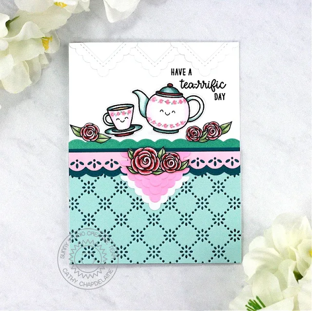 Sunny Studio Stamps: Tea-riffic Card by Cathy Chapdelaine (featuring Ribbon & Lace Border Dies, Frilly Frame Dies, Notebook Dies)