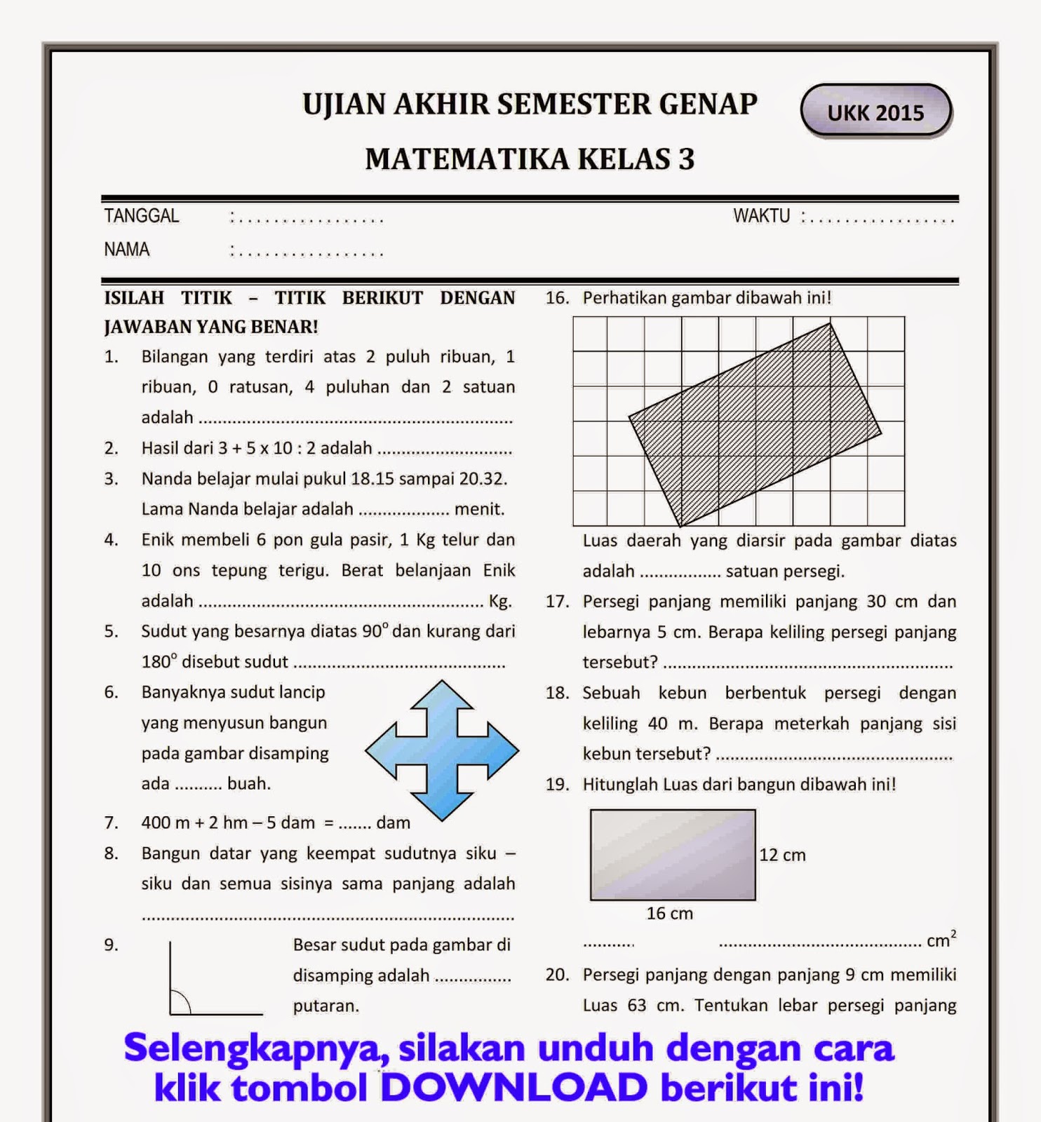 Download Soal UAS Ganjil Matematika Kelas  Download Soal UAS Ganjil Matematika Kelas 2 Semester 1 2015/2016  RiefAwa Blog : Download