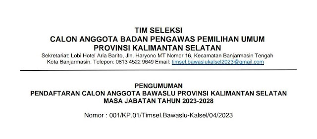 Penguman Pendaftaran Anggota Bawaslu Provinsi Kalimantan Selatan Masa Jabatan Tahun 2023 - 2028