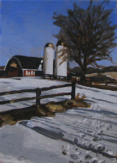 snow farm barn acrylic painting
