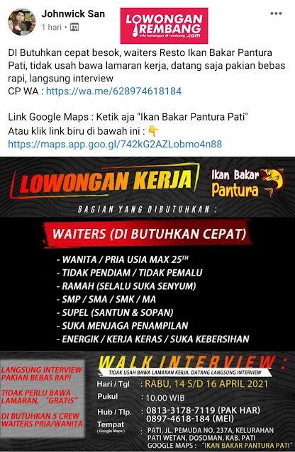 5 Lowongan Kerja Waiters Resto Ikan Bakar Pantura Pati Tanpa Berkas Lamaran Kerja