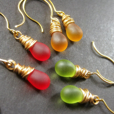 Fall Colors Teardrop Earrings Set of Three, Wire Wrapped, Gold - Autumn Elixirs