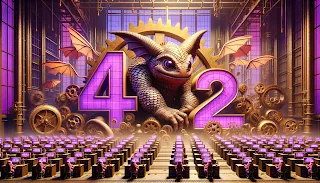 A gigantic 3D '42', in purple and pink in the background, with a huge monster scaly creation featuring a huge head in the middleground, and rows and rows of elfish figures in the foreground sat working at computer screens, style steampunk