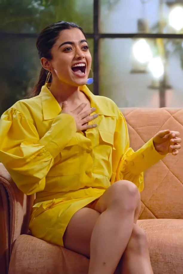 Rashmika Mandanna sexy legs yellow dress wardrobe malfunction