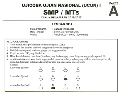  ini merupakan file terbaru yang berisi contoh soal latihan Ujian Nasional  Soal Try Out (TO) UN/UNBK SMP/MTS Bahasa Indonesia 2017/2018