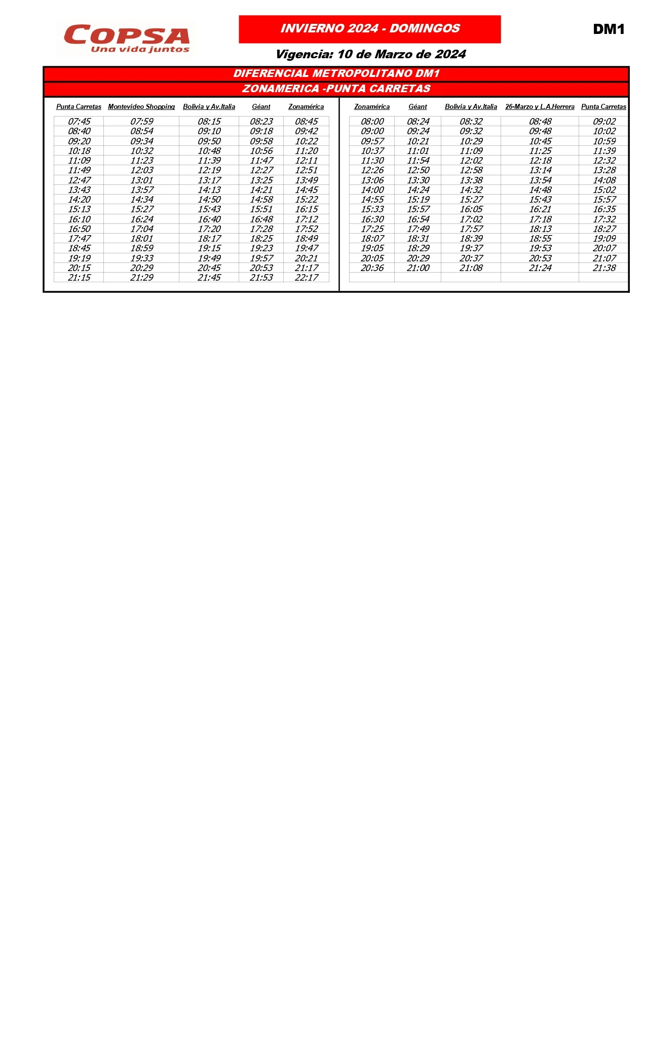 Horarios de la Línea DM1 de Copsa