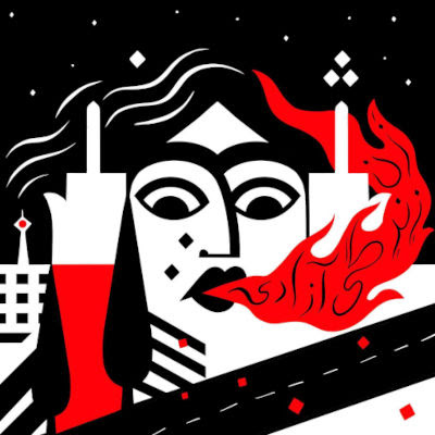 Ilustración tritono en blanco, negro y rojo con una ciudad convertida en mujer rebelándose contra el status quo iraní