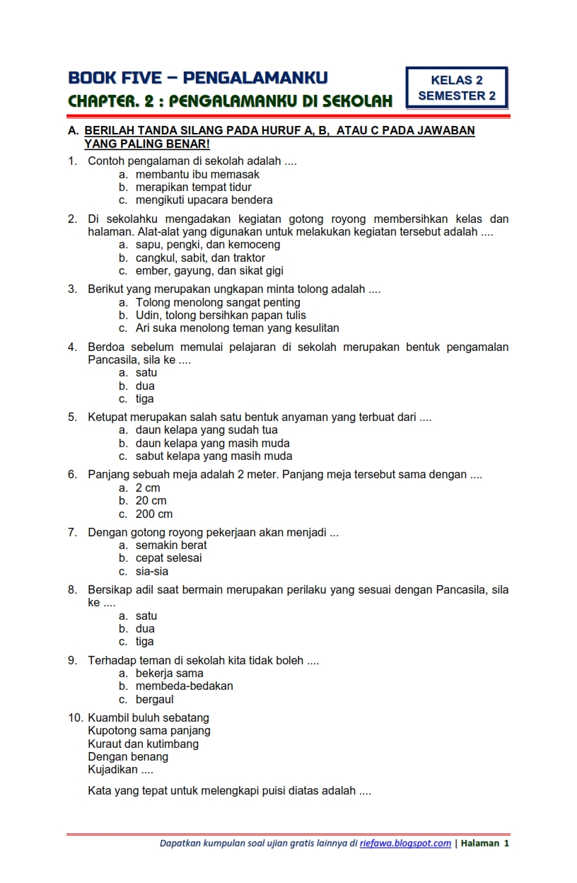 Download Soal  Tematik Kelas  2 Semester 2 Tema  5  Subtema 2 