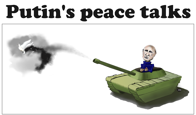 Caricature of Putin in a little war tank shooting at the peace dove, with the caption: Putin's peace talks