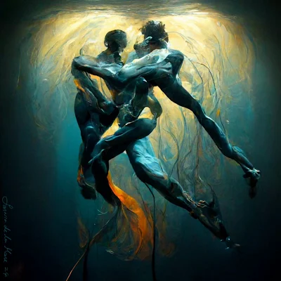 swimming two people underwater drowning death poem suicide poetry blue orang art