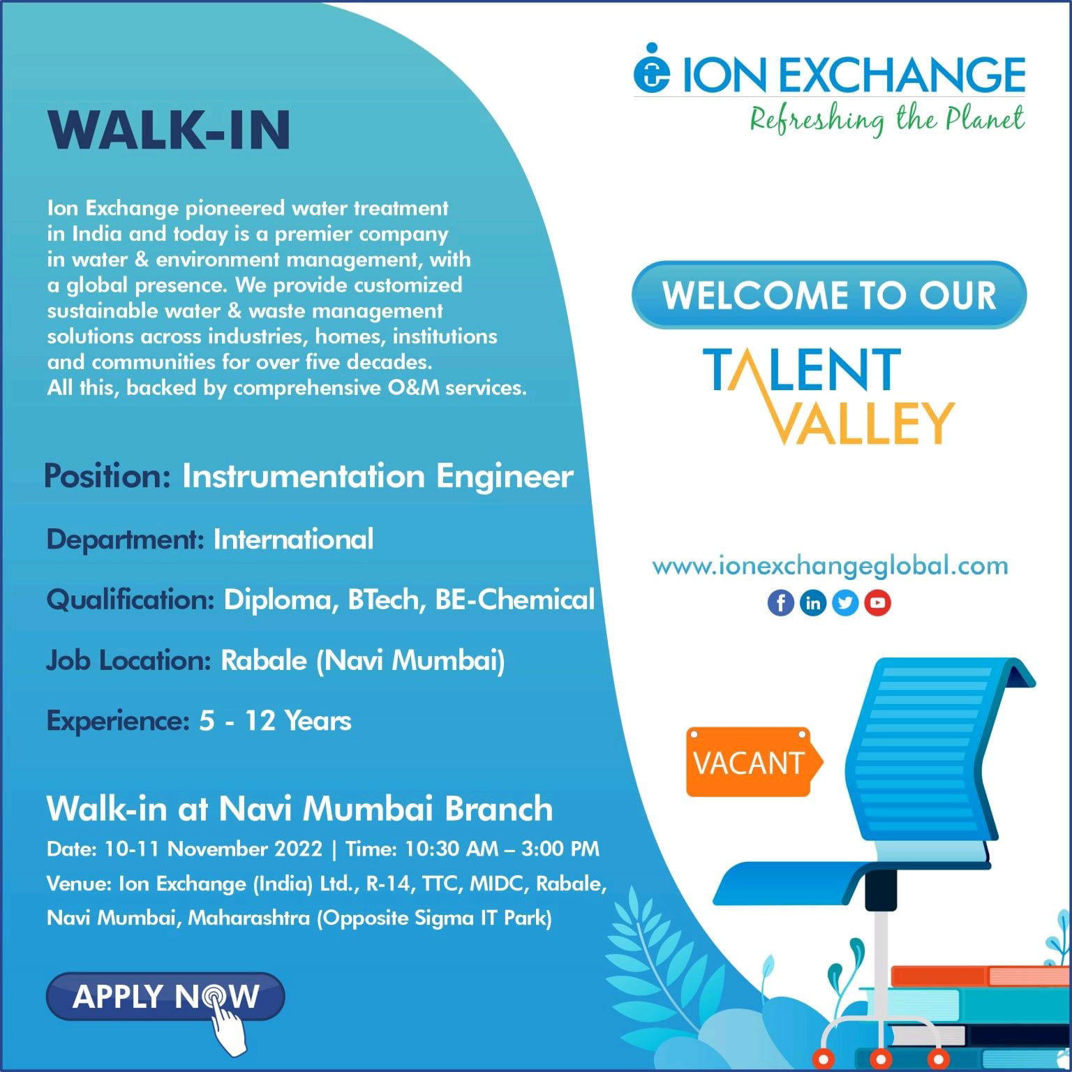 Job Availables, lon Exchange Walk-In Interview for Diploma/ B Tech/ BE/ Chemical/ Mechanical/ Electrical/ Instrumentation Engineer