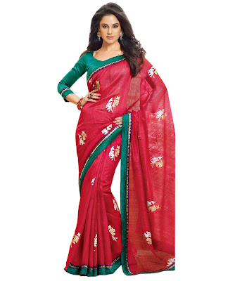 Poly Dupion Blouse, Poly Dupion Saree, Red Saree, Green Blouse, Flock Print, Dupion Strip Border, 