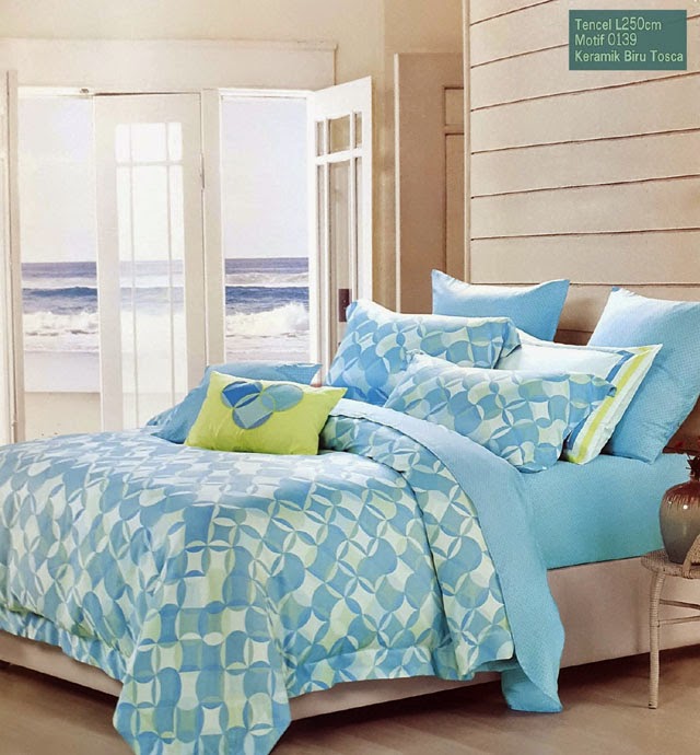 Sprei Tencel Cantik Motif Keramik Biru Tosca