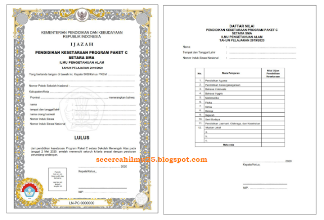 Contoh Blangko Ijazah Pendidikan Kesetaraan di Luar Negeri Program Paket C IPA