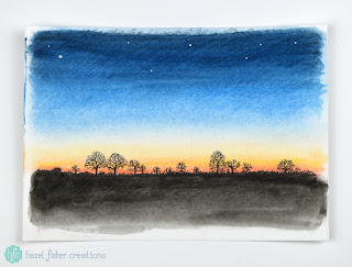 Cass Art #BeInspired Campaign - What Inspires you? Winter Sunset by Hazel Fisher Creations drawn with soft pastels, Inktense pencils and fineliner pens