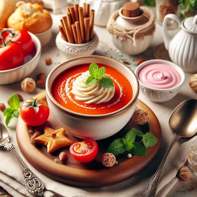 Auf dem Bild ist ein Schälchen mit einer Tomatencremesuppe und einem Sherry-Sahnehäubchen zu sehen. Die Tomatencremesuppe sieht lecker und appetitlich aus.