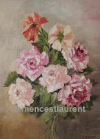 My roses, 12 x 9 oil painting in 1972 by Clemence St. Laurent - spray of pink and coral roses
