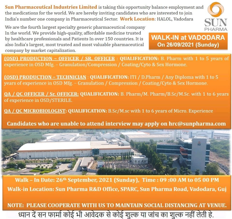 Job Availables,Sun Pharmaceutical Walk in interview For production,QA/QC MiCrobiologist