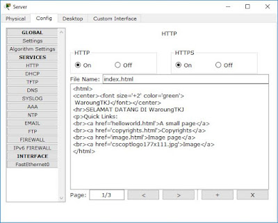  saya akan membuatkan tutorial konfigurasi cisco packet tracer Konfigurasi Static Cisco Packet Tracer (1-Server,2-Router,1-Switch,4-Client)