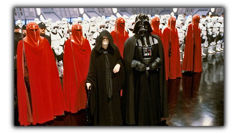 Emperor Palpatine alongside Darth Vader, surrounded by Imperial Royal Guard dressed in red and Galactic Army in white