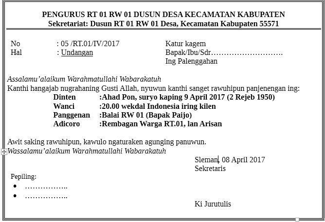 Surat undangan rapat RT dalam Bahasa Jawa: nguri-uri Boso 